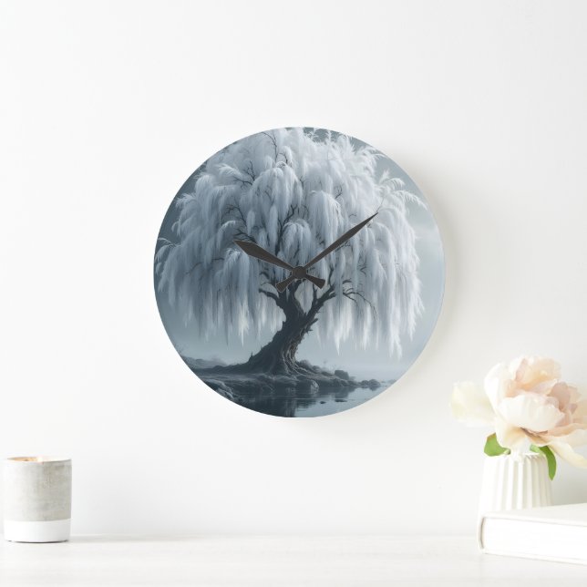 Reloj Redondo Grande Weeping willow by a pond, black and white  (Hogar)