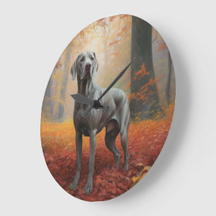Reloj Redondo Grande Weimaraner en Otoño Inspira la Caída de Hojas