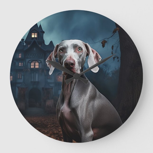 Reloj Redondo Grande Weimaraner Halloween de terror (Anverso)