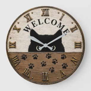 Reloj Redondo Grande Welcome Black Cat Cute Peeking Kitty Rustic Farmho