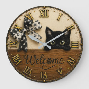 Reloj Redondo Grande Welcome Black Kitten Cute Peeking Cat