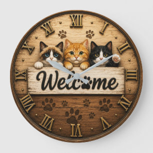 Reloj Redondo Grande Welcome Cats Cute Trio of Kittens Rustic Farmhouse