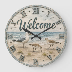 Reloj Redondo Grande Welcome Coastal Seabirds Rustic Beach House
