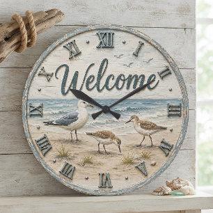 Reloj Redondo Grande Welcome Coastal Seabirds Rustic Beach House