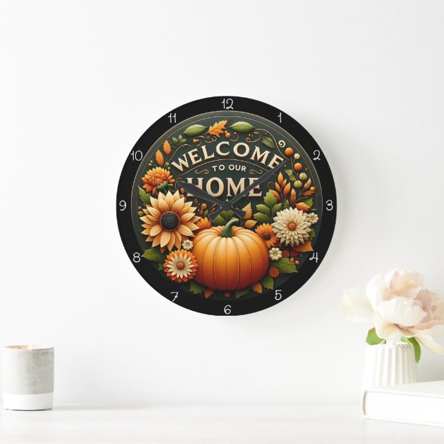 Reloj Redondo Grande Welcome Home Floral Pumpkin Autumn (Hogar)