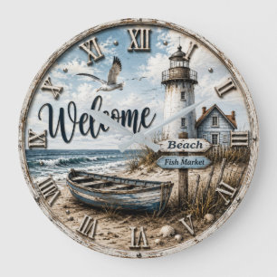Reloj Redondo Grande Welcome Lighthouse Coastal Nautical Beach House
