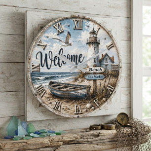 Reloj Redondo Grande Welcome Lighthouse Coastal Nautical Beach House