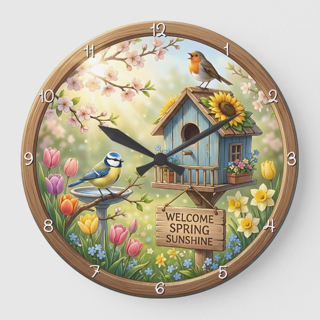 Reloj Redondo Grande Welcome Spring Sunshine Birdhouse (Anverso)