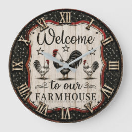 Reloj Redondo Grande Welcome to Our Farmhouse Rustic Rooster & Hen