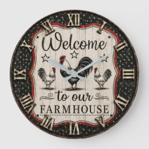 Reloj Redondo Grande Welcome to Our Farmhouse Rustic Rooster & Hen