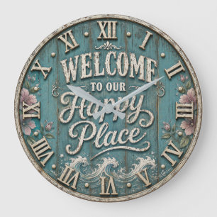 Reloj Redondo Grande Welcome to Our Happy Place Coastal Farmhouse