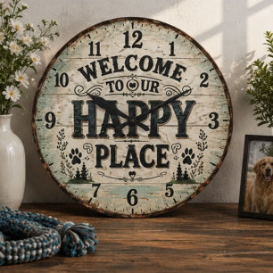Reloj Redondo Grande Welcome to Our Happy Place Rustic Farmhouse
