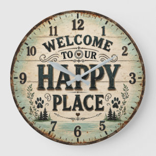 Reloj Redondo Grande Welcome to Our Happy Place Rustic Farmhouse
