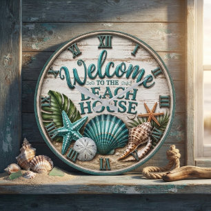 Reloj Redondo Grande Welcome to the Beach House Rustic Sea shell Beach