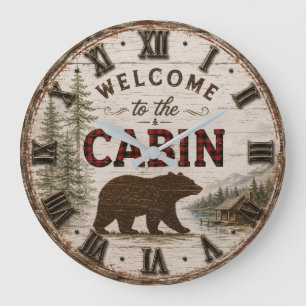 Reloj Redondo Grande Welcome to the Cabin Rustic Bear Buffalo Plaid