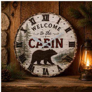Reloj Redondo Grande Welcome to the Cabin Rustic Bear Buffalo Plaid
