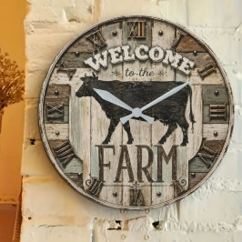 Reloj Redondo Grande Welcome to the Farm Rustic Cow Silhouette Vintage