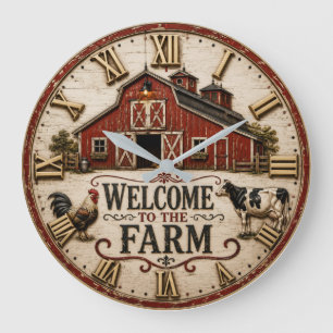Reloj Redondo Grande Welcome to the Farm Rustic Red Barn Farmhouse