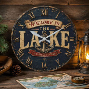 Reloj Redondo Grande Welcome to the Lake House Rustic Vintage Nautical