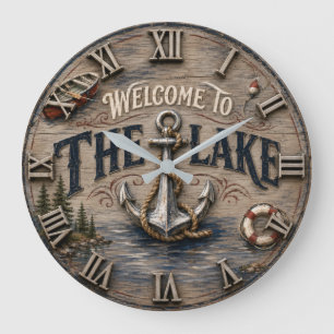 Reloj Redondo Grande Welcome to the Lake Rustic Anchor Nautical