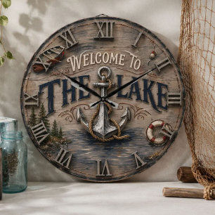 Reloj Redondo Grande Welcome to the Lake Rustic Anchor Nautical