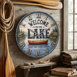 Reloj Redondo Grande Welcome to the Lake Rustic Canoe