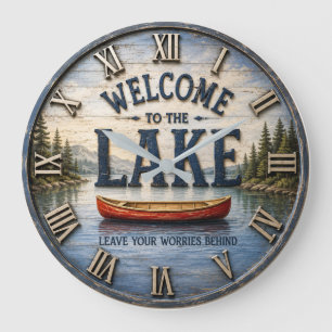 Reloj Redondo Grande Welcome to the Lake Rustic Canoe