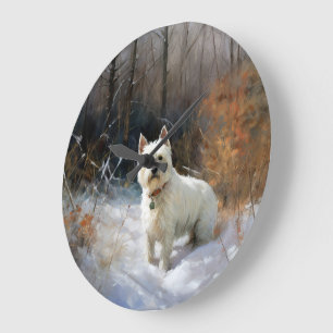Reloj Redondo Grande West Highland White Terrier deja que nieve Navidad