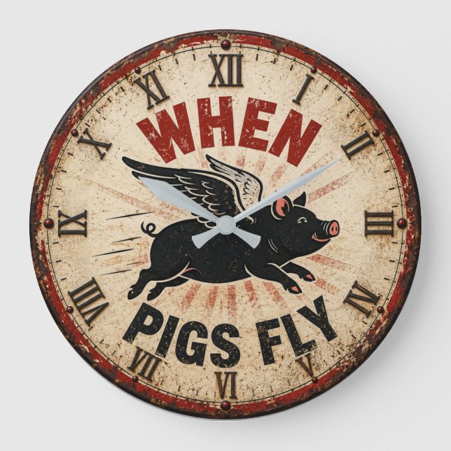 Reloj Redondo Grande When Pigs Fly Funny Farmhouse (Anverso)