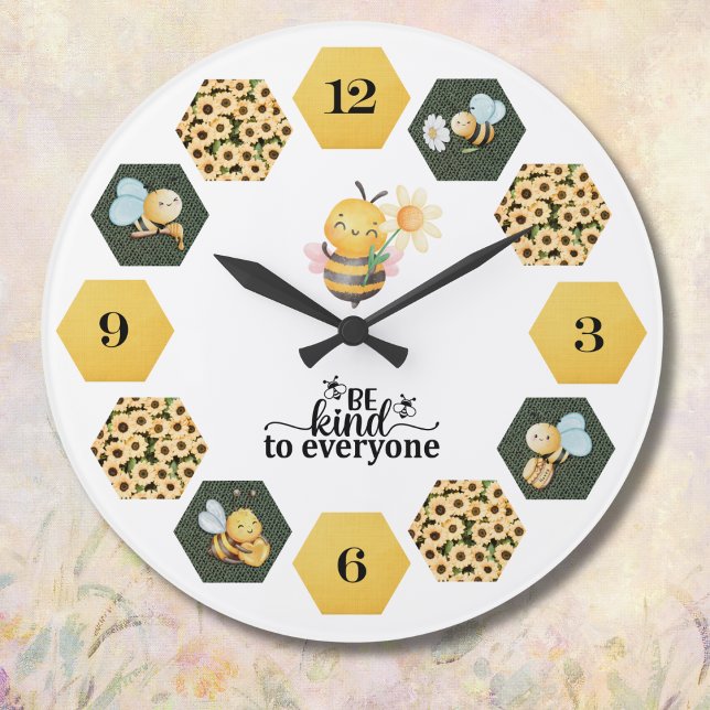 Reloj Redondo Grande Whimsical Bee Sunflower and Honeycomb (Bring a touch of charm and kindness to your home with a bee-themed wall clock)