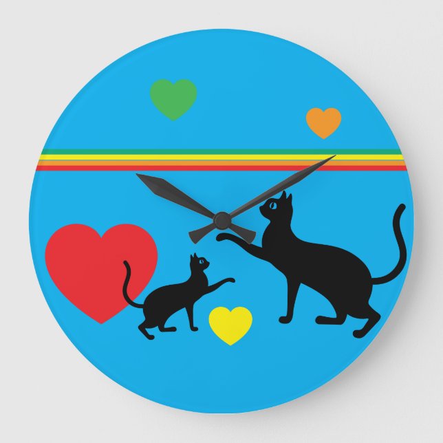 Reloj Redondo Grande Whimsical Black Cats and Rainbow Round Clock (Anverso)
