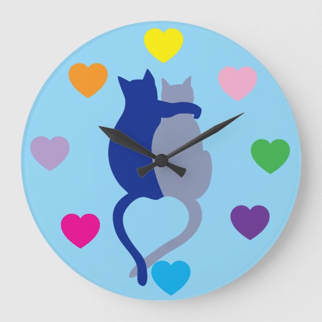 Reloj Redondo Grande Whimsical Blue Cat Clock with Rainbow Hearts (Anverso)