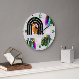 Reloj Redondo Grande Whimsical Boho Owl & Tropical Monstera Leaf