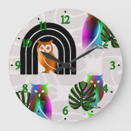 Reloj Redondo Grande Whimsical Boho Owl & Tropical Monstera Leaf