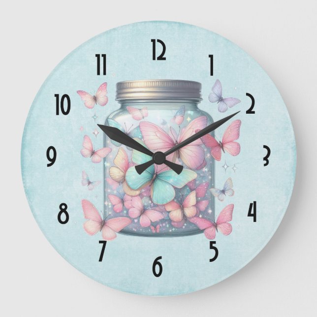 Reloj Redondo Grande Whimsical Butterflies in a Jar (Anverso)