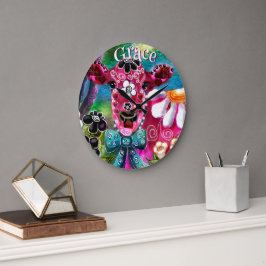 Reloj Redondo Grande Whimsical Floral Cow Pink Teal Black Personalized