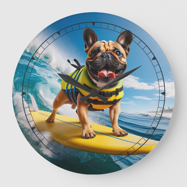 Reloj Redondo Grande Whimsical Surfing French Bulldog (Anverso)