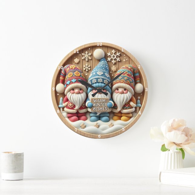 Reloj Redondo Grande Whimsical Winter Gnomes" - Muro de madera festivo (Hogar)