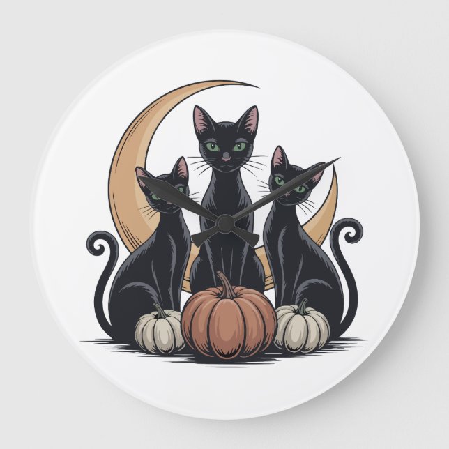 Reloj Redondo Grande Whimsigothtic Black Cats Pumpkin Moon Halloween Wa (Anverso)
