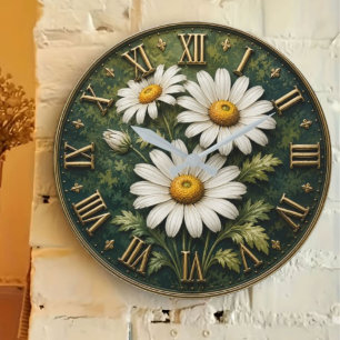 Reloj Redondo Grande White Daisy Floral Elegant Botanical Daisy Clock
