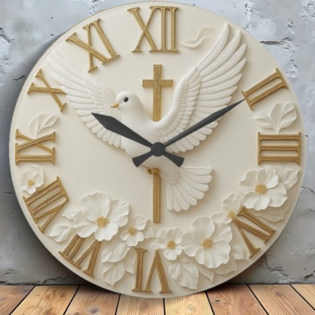 Reloj Redondo Grande White dove golden cross religious faith Christian  (Subido por el creador)