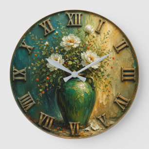 Reloj Redondo Grande White Floral Elegant Botanical Art Emerald Green