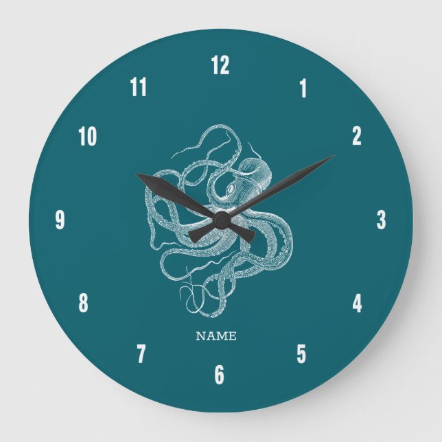 Reloj Redondo Grande White octopus on custom turquoise background monog (Anverso)