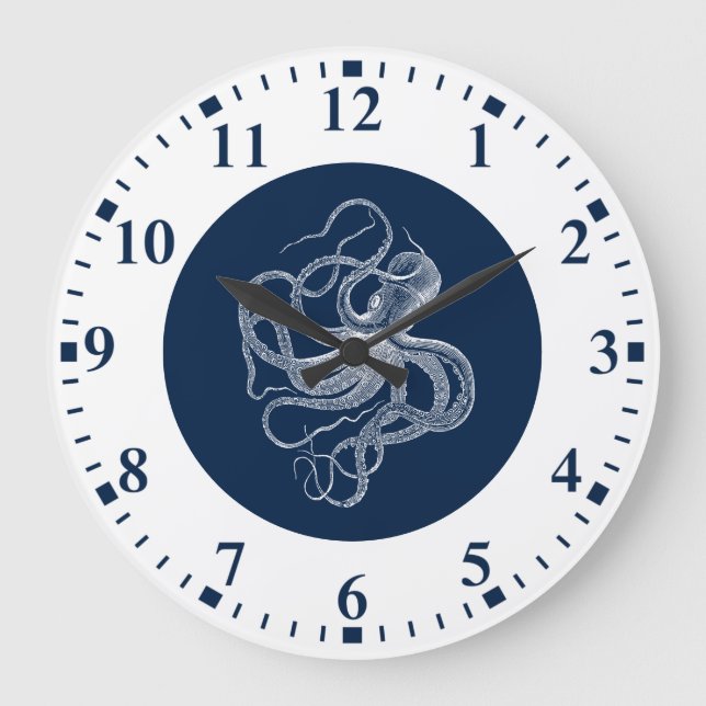 Reloj Redondo Grande White octopus on dark blue (Anverso)