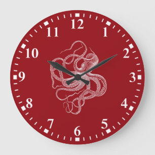 Reloj Redondo Grande White octopus on dark red large clock