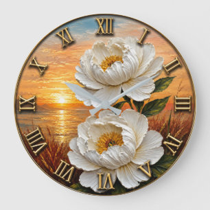 Reloj Redondo Grande White Peony Sunset Elegant Coastal Floral Decor