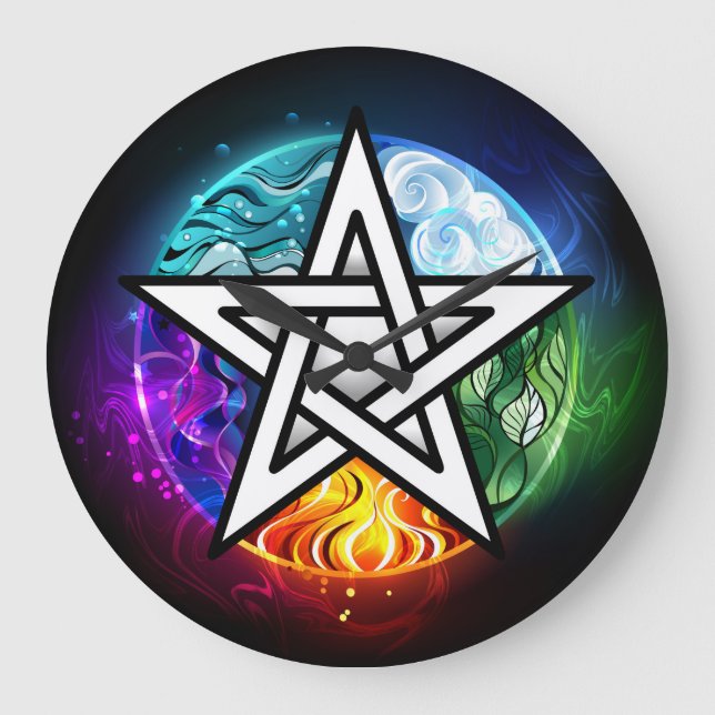 Reloj Redondo Grande Wiccan pentagram (Anverso)