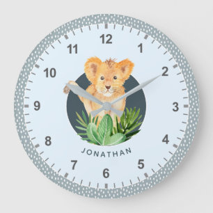 Reloj Redondo Grande Wild Animal Lion Cub Watercolor Kids Bedroom Decor