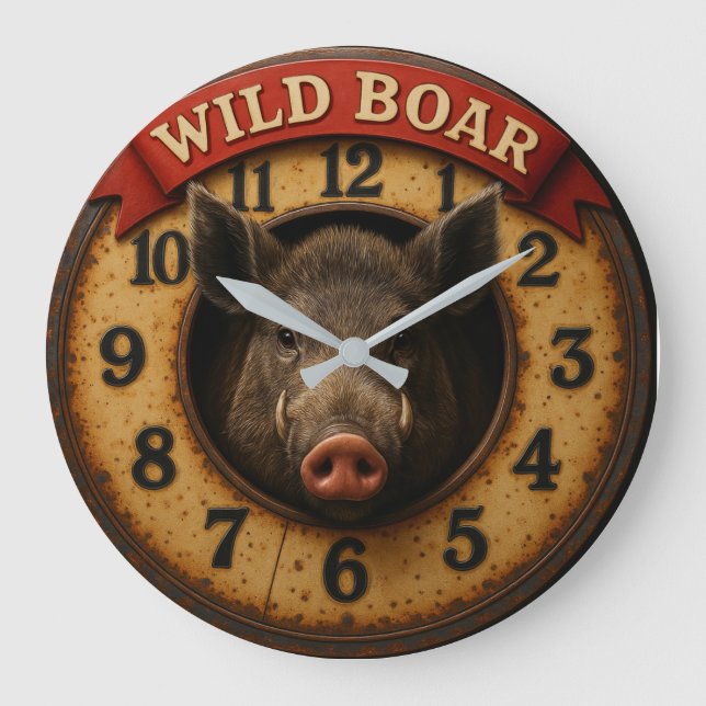 Reloj Redondo Grande Wild boar  rustic hunting lodge woodland theme (Anverso)