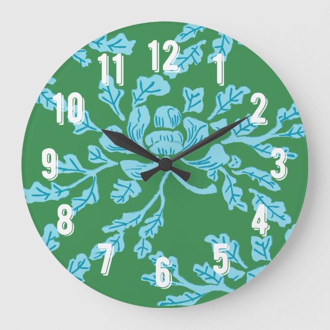 Reloj Redondo Grande Winding Peony Woodcut in Green and Aqua (Anverso)